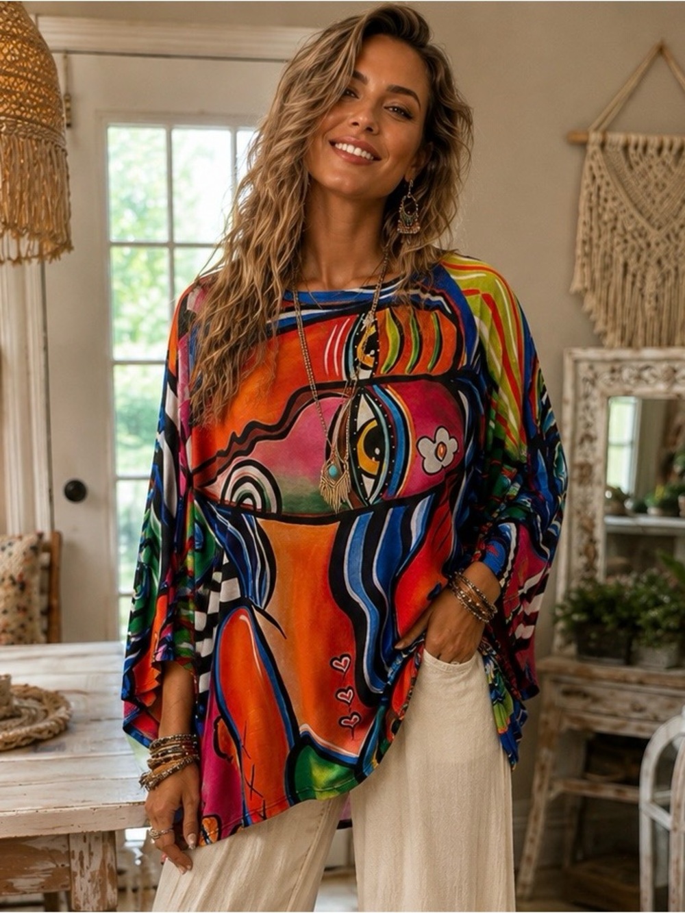 Colorful Abstract Face Art Boho‎ Oversized Tunic Top Size 2XL